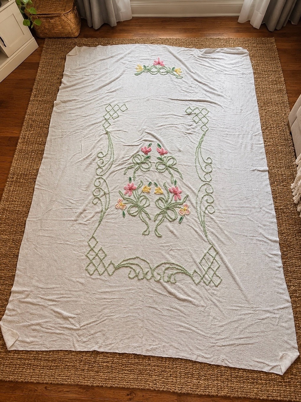 Vintage Chenille Twin Bedspread 73x102 Floral Pink Green Yellow Cottagecore